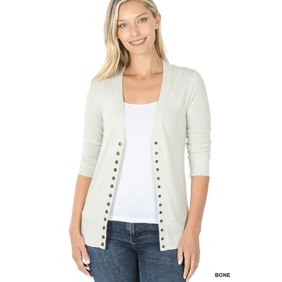 TheLovely Women & Plus Front V-Neck Classic Thin Snap Button Down 3/4 Sleeve Ribbed Knit Cardigan