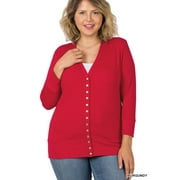 TheLovely Women & Plus Front V-Neck Classic Thin Snap Button Down 3/4 Sleeve Ribbed Knit Cardigan