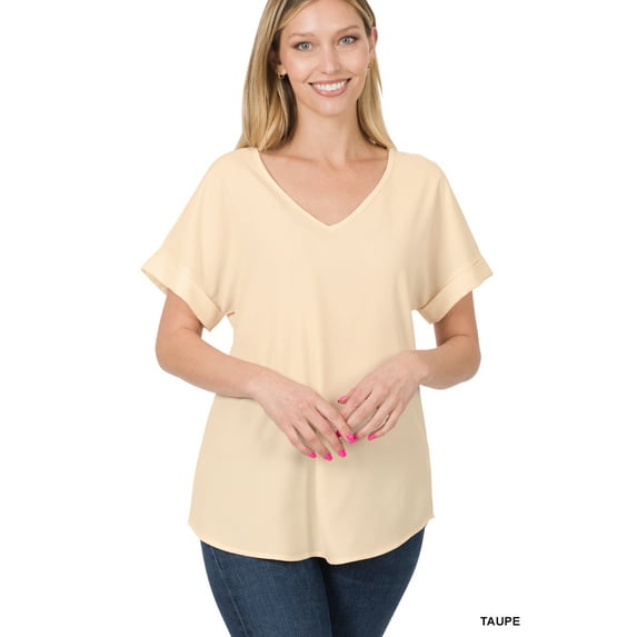 TheLovely Women & Plus Heavy Dobby V-Neck Rolled Short Sleeve Blouse Top