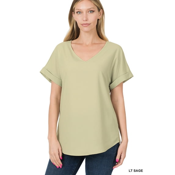 TheLovely Women & Plus Heavy Dobby V-Neck Rolled Short Sleeve Blouse Top