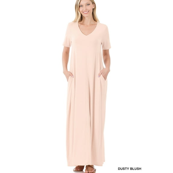 TheLovely Women & Plus Relaxed Fit V-Neck Short Sleeve Full Length Maxi Long Dress w/ Side Pockets