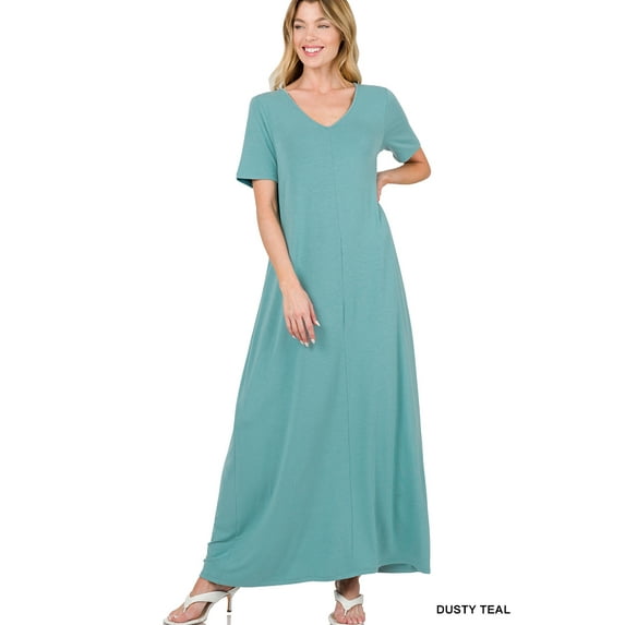 TheLovely Women & Plus Relaxed Fit V-Neck Short Sleeve Full Length Maxi Long Dress w/ Side Pockets