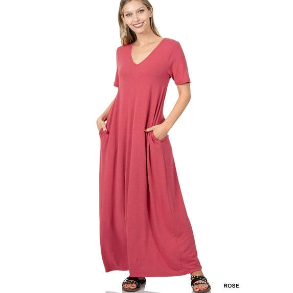 TheLovely Women & Plus Relaxed Fit V-Neck Short Sleeve Full Length Maxi Long Dress w/ Side Pockets