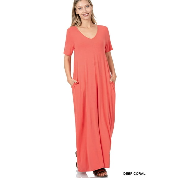 TheLovely Women & Plus Relaxed Fit V-Neck Short Sleeve Full Length Maxi Long Dress w/ Side Pockets