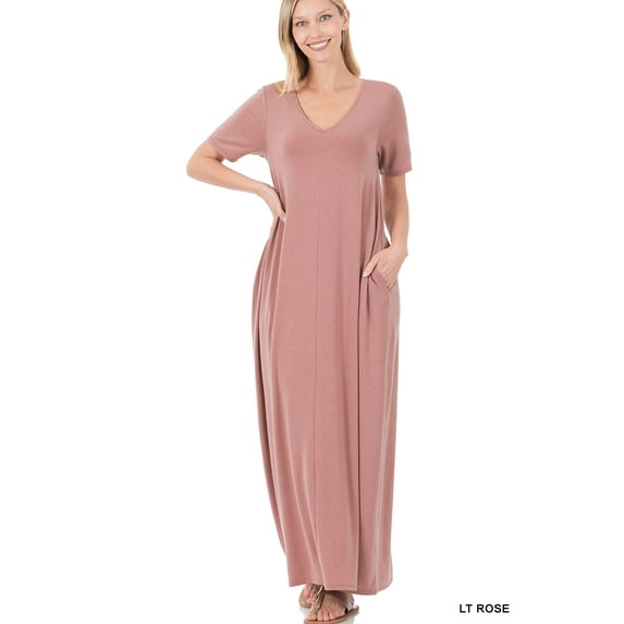 TheLovely Women & Plus Relaxed Fit V-Neck Short Sleeve Full Length Maxi Long Dress w/ Side Pockets