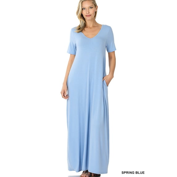 TheLovely Women & Plus Relaxed Fit V-Neck Short Sleeve Full Length Maxi Long Dress w/ Side Pockets