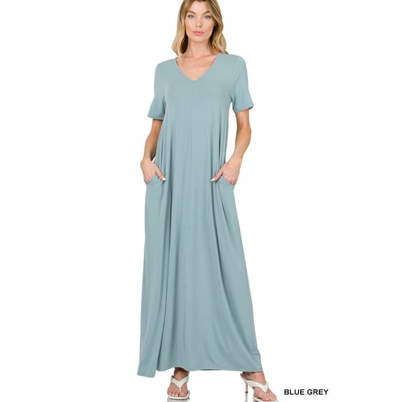 TheLovely Women & Plus Relaxed Fit V-Neck Short Sleeve Full Length Maxi Long Dress w/ Side Pockets