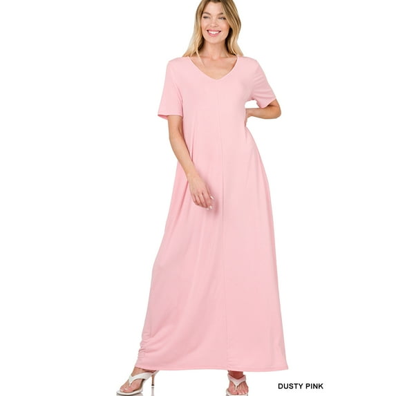 TheLovely Women & Plus Relaxed Fit V-Neck Short Sleeve Full Length Maxi Long Dress w/ Side Pockets
