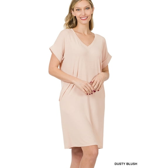 TheLovely Women & Plus Rolled Short Sleeve V-Neck Midi Trapeze Tunic Dress