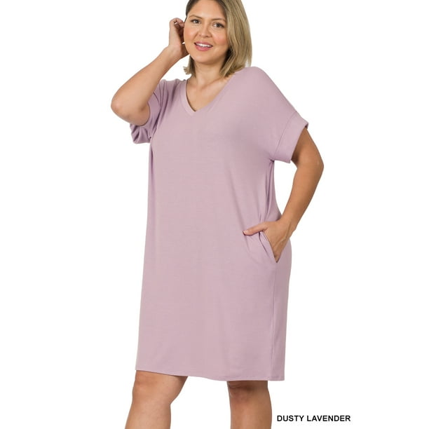 TheLovely Women & Plus Rolled Short Sleeve V-Neck Midi Trapeze Tunic Dress  - Walmart Business Supplies