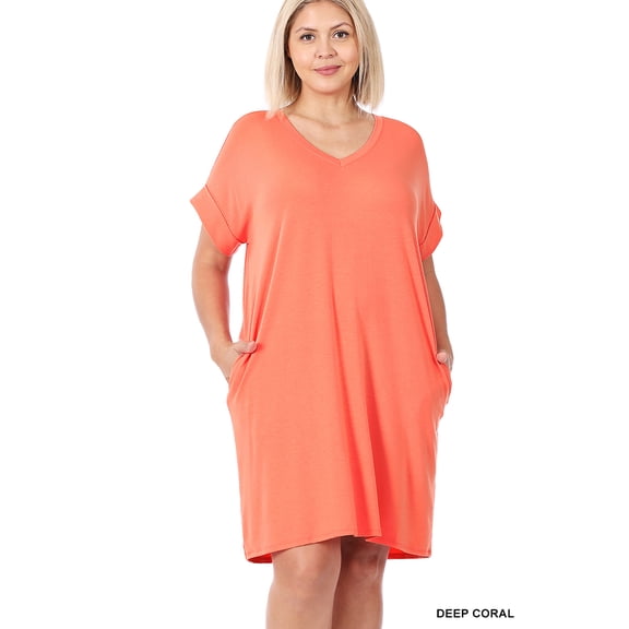 TheLovely Women & Plus Rolled Short Sleeve V-Neck Midi Trapeze Tunic Dress