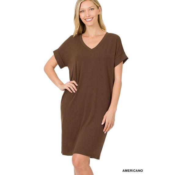 TheLovely Women & Plus Rolled Short Sleeve V-Neck Midi Trapeze Tunic Dress