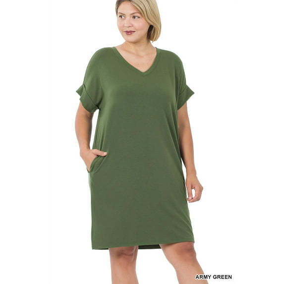 TheLovely Women & Plus Rolled Short Sleeve V-Neck Midi Trapeze Tunic Dress