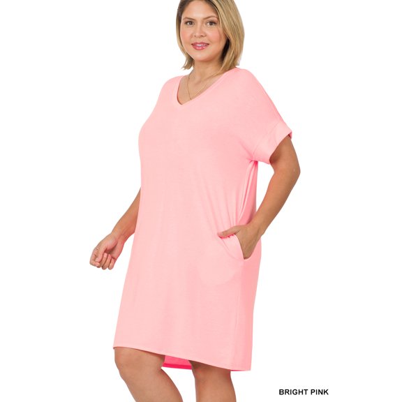 TheLovely Women & Plus Rolled Short Sleeve V-Neck Midi Trapeze Tunic Dress