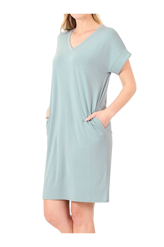 Women & Plus Rolled Short Sleeve V-Neck Midi Trapeze Tunic Dress