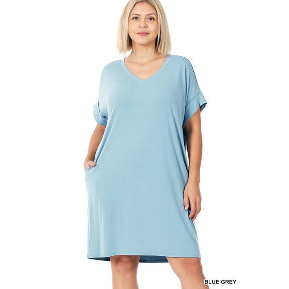 TheLovely Women & Plus Rolled Short Sleeve V-Neck Midi Trapeze Tunic Dress