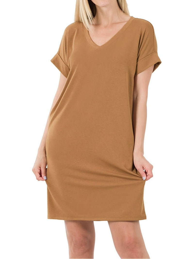 TheLovely Women & Plus Rolled Short Sleeve V-Neck Midi Trapeze Tunic Dress  - Walmart.com