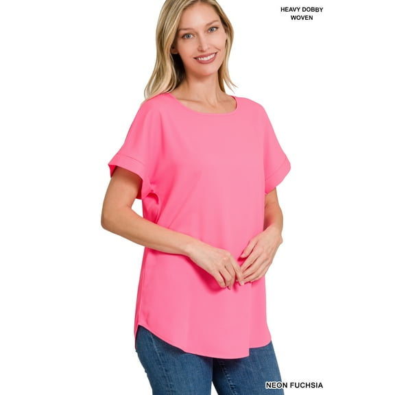 TheLovely Women & Plus Round Neck Woven Boat Neck Rolled Short Sleeve Blouse Top