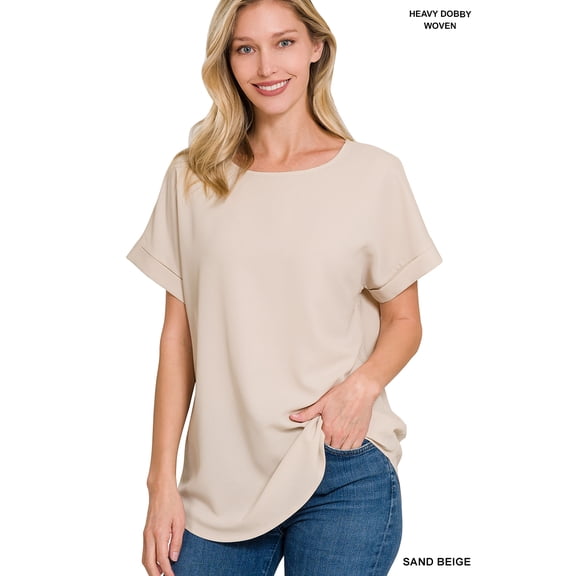 TheLovely Women & Plus Round Neck Woven Boat Neck Rolled Short Sleeve Blouse Top