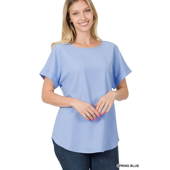 TheLovely Women & Plus Round Neck Woven Boat Neck Rolled Short Sleeve Blouse Top