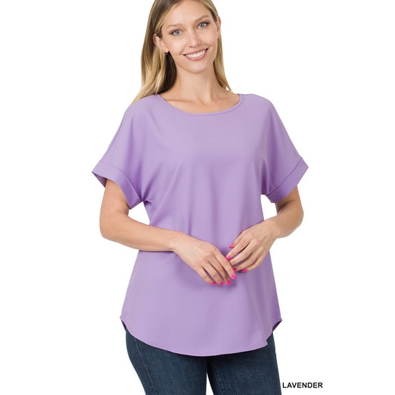 TheLovely Women & Plus Round Neck Woven Boat Neck Rolled Short Sleeve Blouse Top
