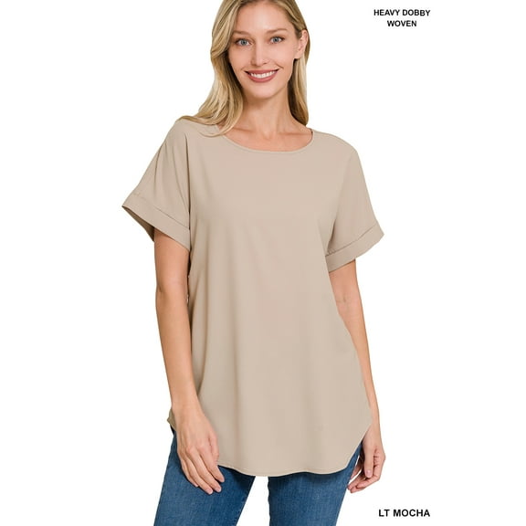 TheLovely Women & Plus Round Neck Woven Boat Neck Rolled Short Sleeve Blouse Top