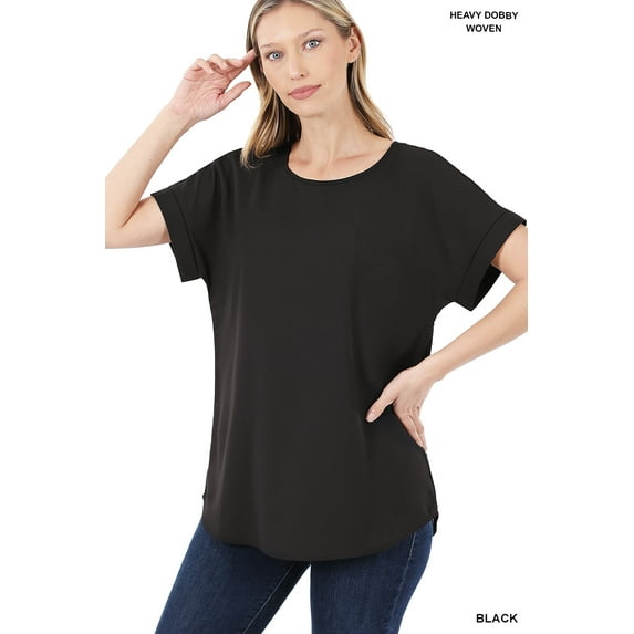 TheLovely Women & Plus Round Neck Woven Boat Neck Rolled Short Sleeve Blouse Top