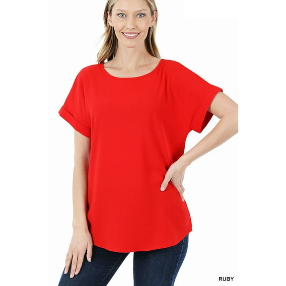 TheLovely Women & Plus Round Neck Woven Boat Neck Rolled Short Sleeve Blouse Top