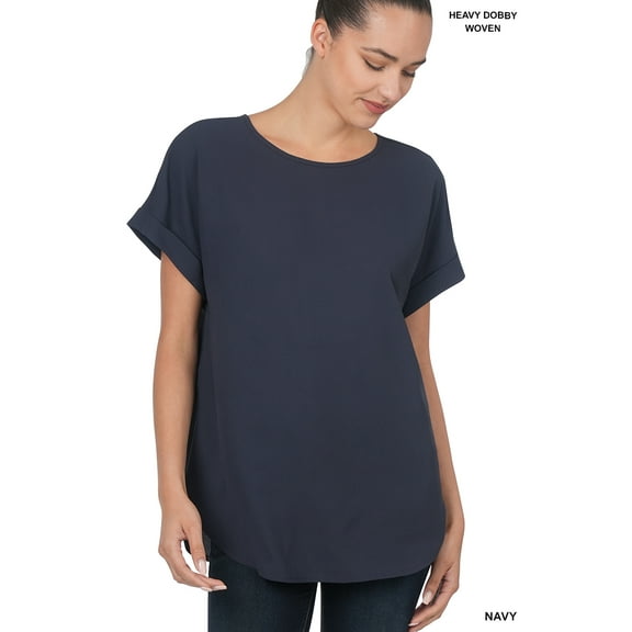 TheLovely Women & Plus Round Neck Woven Boat Neck Rolled Short Sleeve Blouse Top