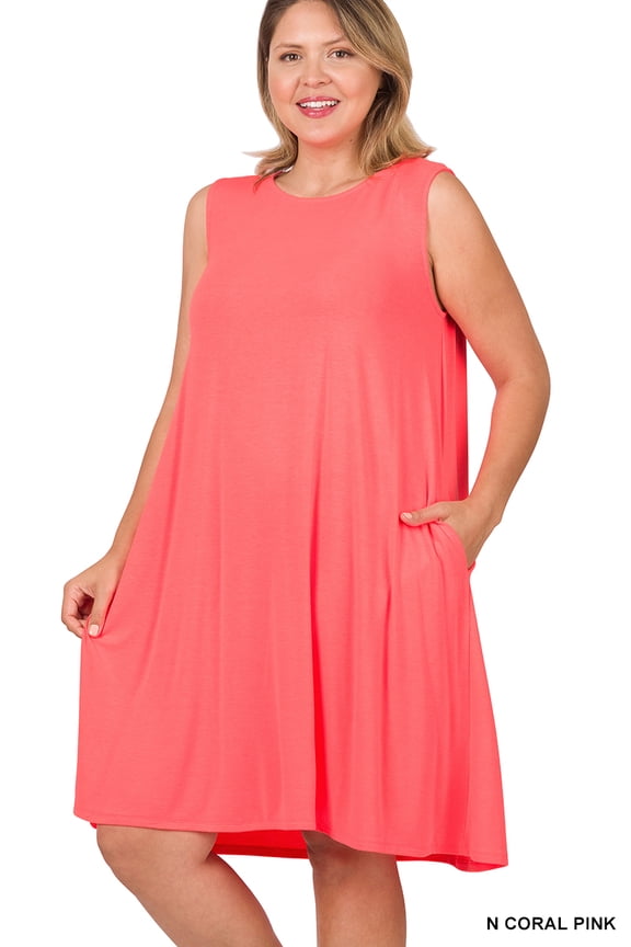 Women & Plus Sleeveless Jersey Flared Swing Tank Dress with Side Pockets