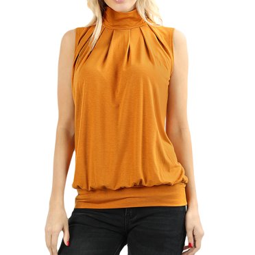 Women Sleeveless Mock-TurtleNeck Pleated Blouse Top With Waistband