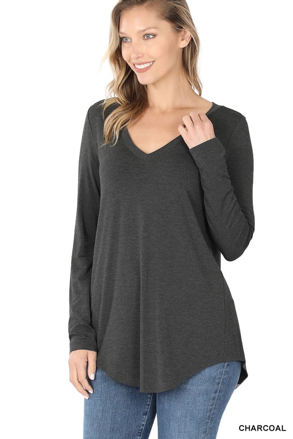 Women & Plus Soft Luxe Rayon Long Sleeve Dolphin Hem V-Neck Tee Shirt Top