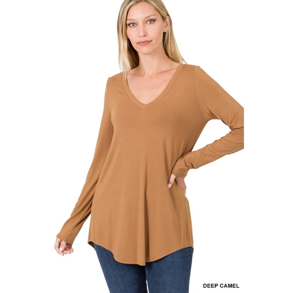 TheLovely Women & Plus Soft Luxe Rayon Long Sleeve Dolphin Hem V-Neck Tee Shirt Top