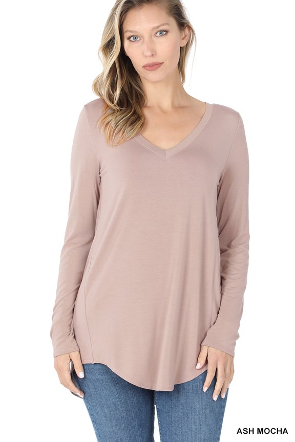 Women & Plus Soft Luxe Rayon Long Sleeve Dolphin Hem V-Neck Tee Shirt Top