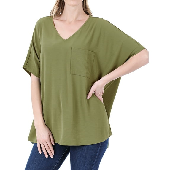TheLovely Women & Plus V Neck Woven Airflow Dolman Short Sleeve Blouse Top with Front Pocket