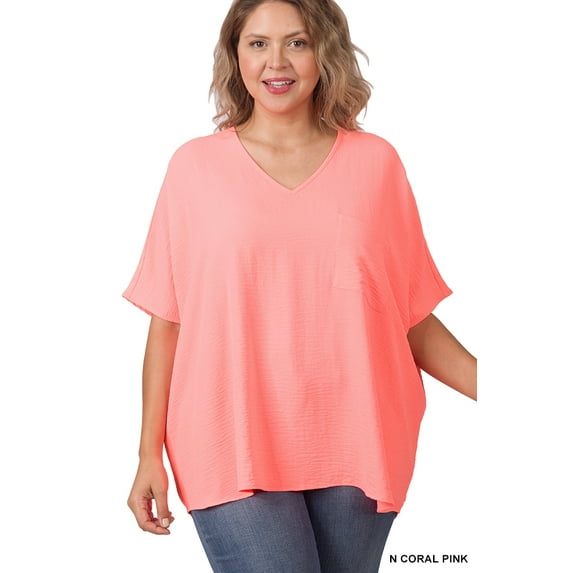 TheLovely Women & Plus V Neck Woven Airflow Dolman Short Sleeve Blouse Top with Front Pocket