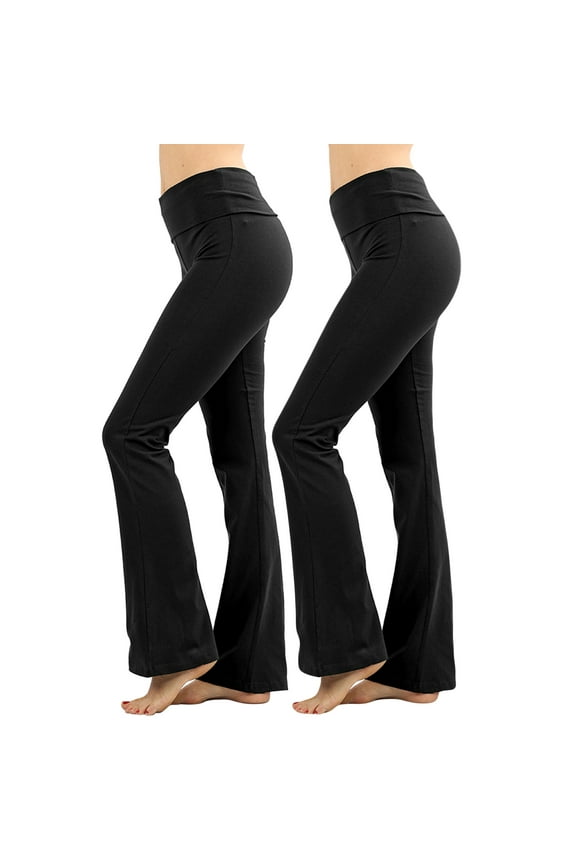 Womens & Plus Stretch Cotton Fold-Over High Waist Bootcut Workout Flared Yoga Pants