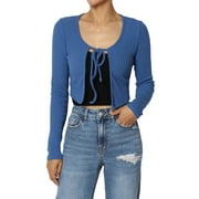 TheMogan Junior's Tie Front Scoop Neck Long Sleeve Lightweight Jersey Layering Ribbed Crop Cardigan Blue S