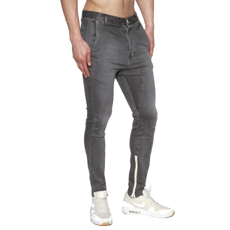 TheMogan Men's Ankle Zipper Drop Low Crotch Color Skinny Jeans Grey 29