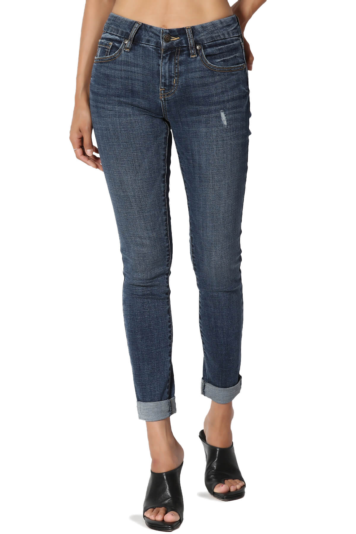 TheMogan Women's 0~3X Roll Up Mid Rise Dark Vintage Wash Tencel Denim Skinny Jeans - image 1 of 7