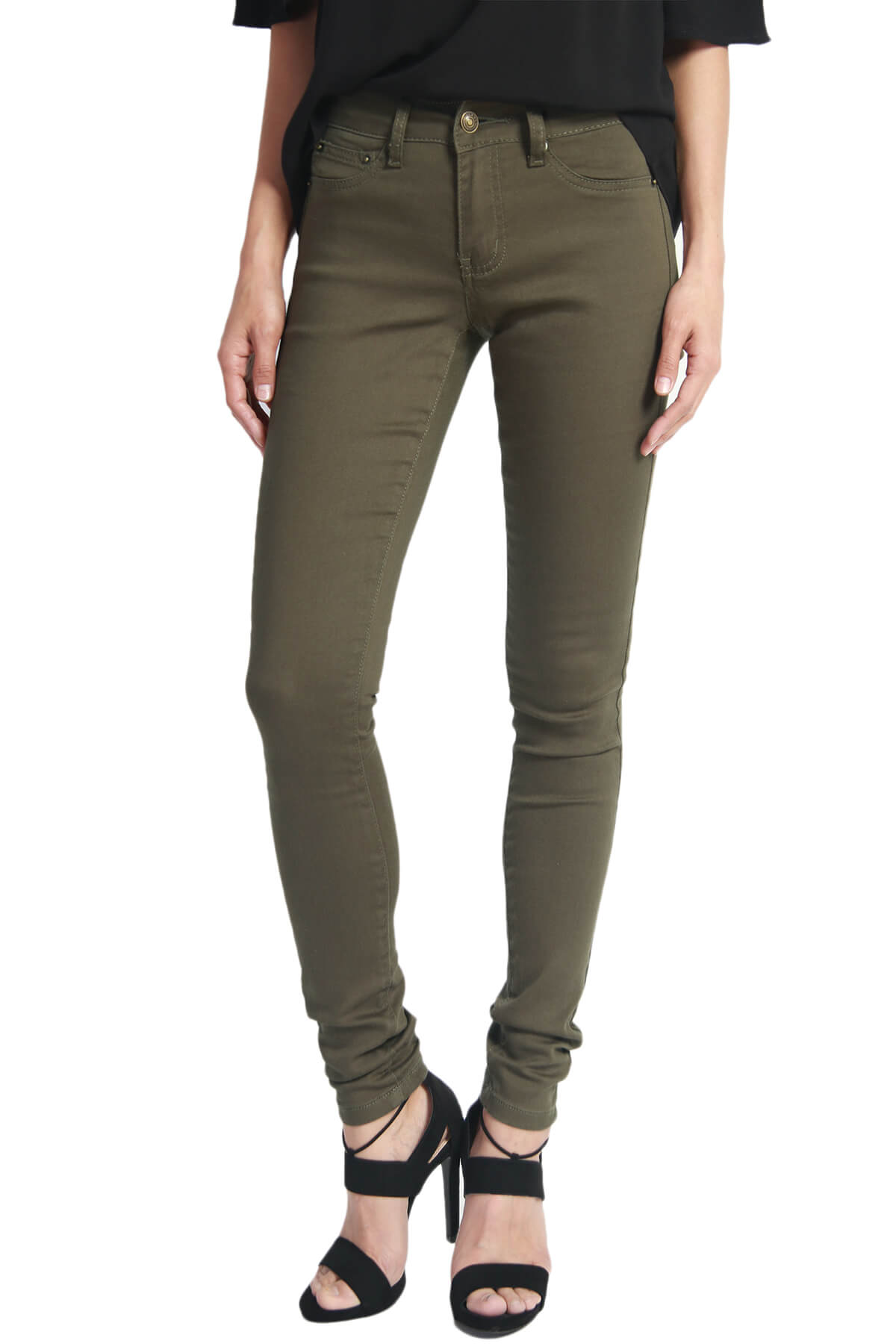 TheMogan Women's Army Olive Green 5 Pocket Stretch Denim Low Rise Skinny Jeans - image 1 of 7