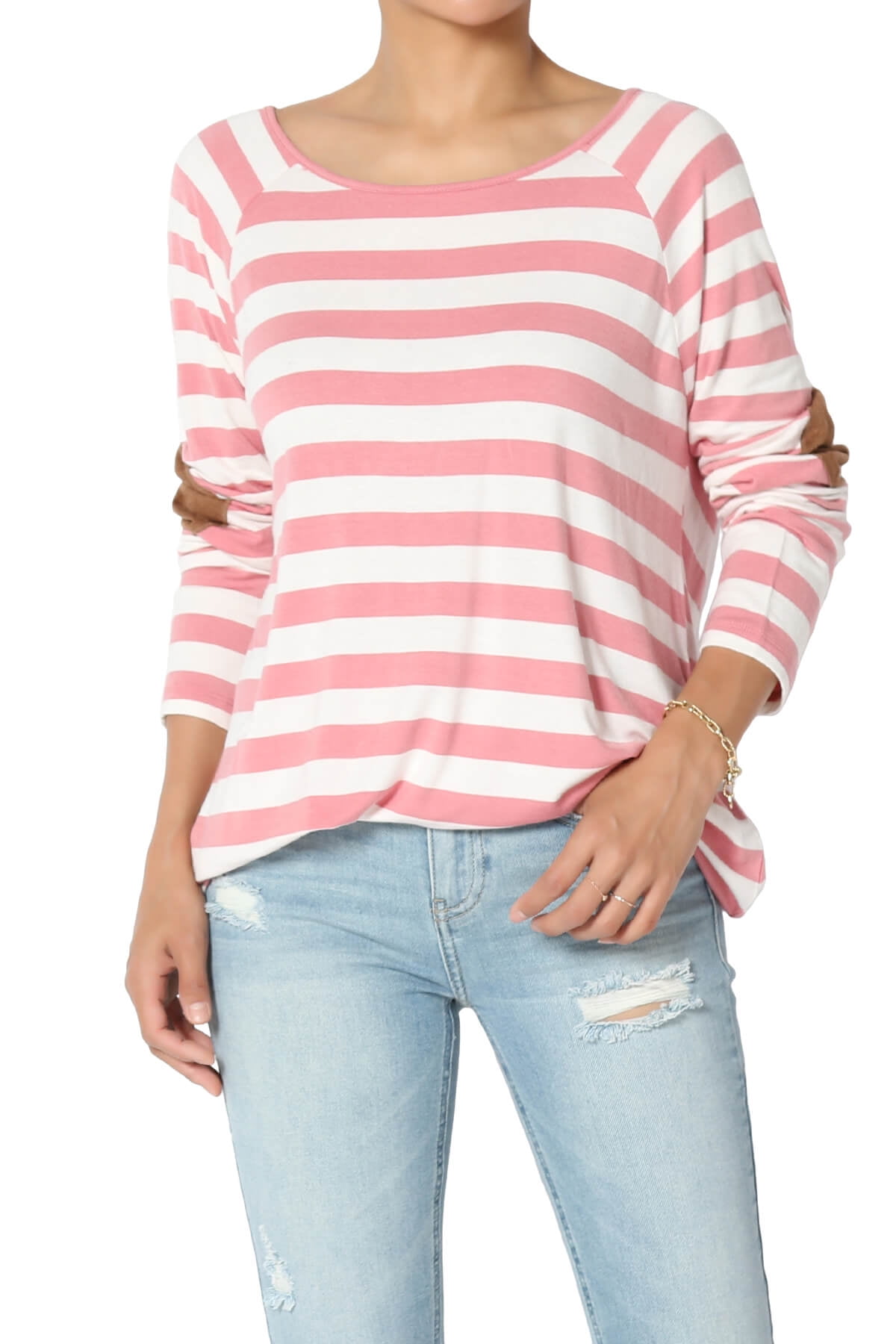 TheMogan Women's Casual Elbow Patch Long Sleeve Slim Fit Striped Jersey