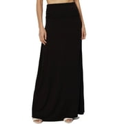 TheMogan Women's Casual Lounge Solid Foldable High Waist Draped Jersey Relaxed Long Maxi Skirt Black L
