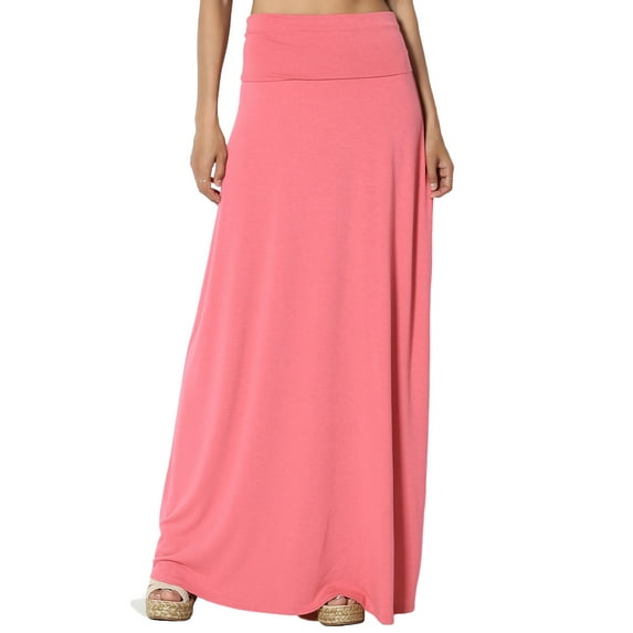 TheMogan Women's Casual Lounge Solid Foldable High Waist Draped Jersey Relaxed Long Maxi Skirt Desert Rose 3X