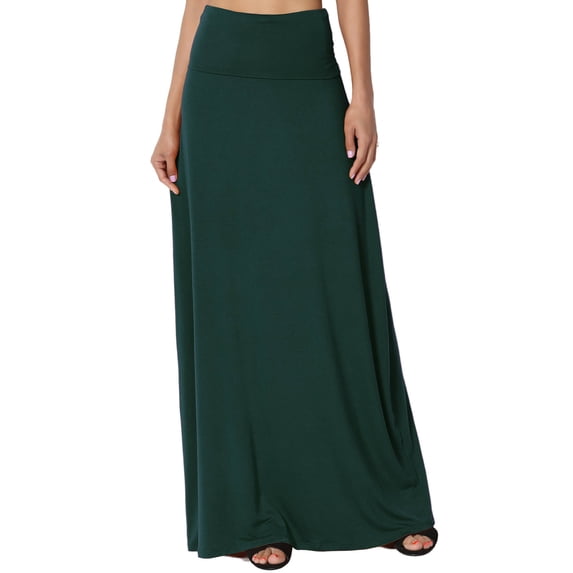 TheMogan Women's Casual Lounge Solid Foldable High Waist Draped Jersey Relaxed Long Maxi Skirt Hunter Green S