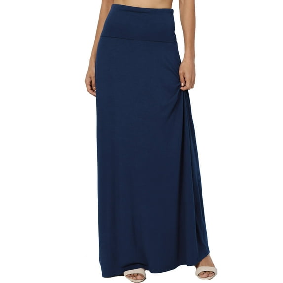 TheMogan Women's Casual Lounge Solid Foldable High Waist Draped Jersey Relaxed Long Maxi Skirt Light Navy L
