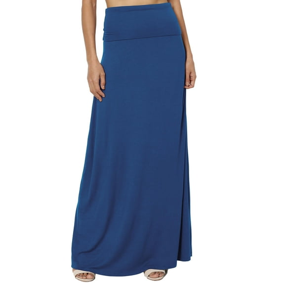TheMogan Women's Casual Lounge Solid Foldable High Waist Draped Jersey Relaxed Long Maxi Skirt Sapphire 2X