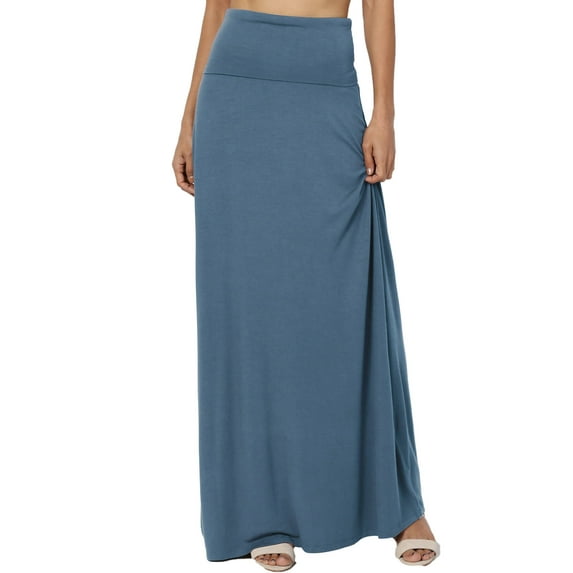 TheMogan Women's Casual Lounge Solid Foldable High Waist Draped Jersey Relaxed Long Maxi Skirt Titanium S
