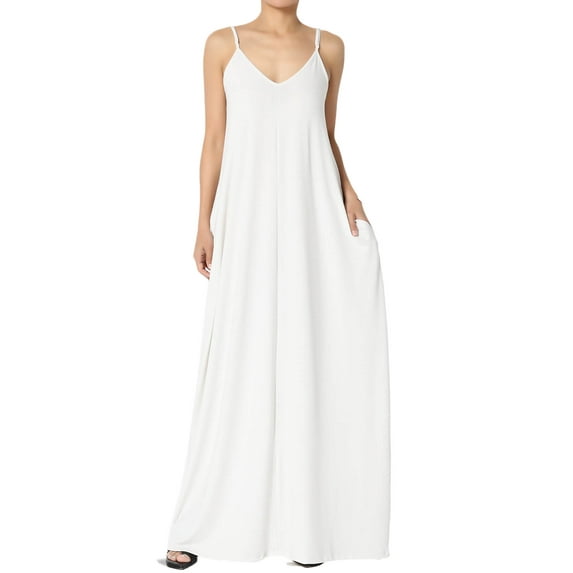 TheMogan Women's Casual V-Neck Draped Jersey Cami Long Maxi Dress W Pocket Summer Beach Bone S