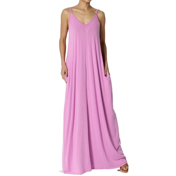 TheMogan Women's Casual V-Neck Draped Jersey Cami Long Maxi Dress W Pocket Summer Beach Bright Lavender S